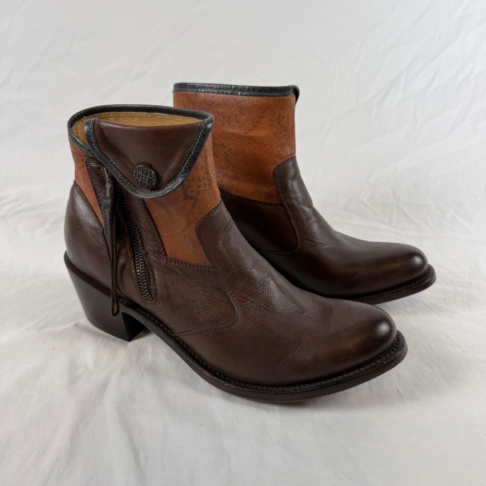 NWT JB Dillon Womens Brown Leather Floral Embossed Cowgirl Ankle Boots Size 10B